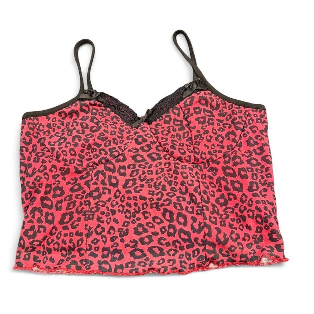 Hot Pink and Black Leopard Print Lace Trim Cami Top Y2K Medium